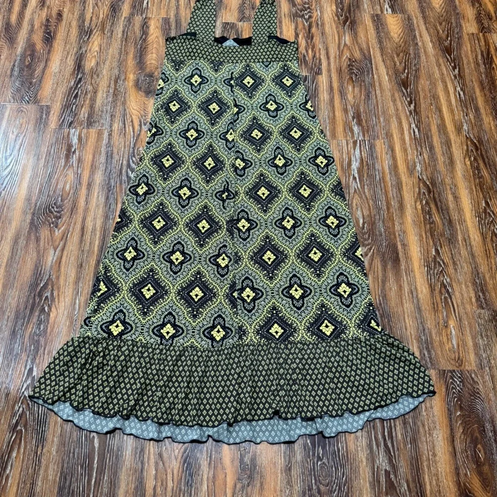 Y2K Cato L Maxi Dress Womens Yellow Black Geometric Medallion Boho Ruffle Hem